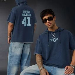 The Souled Store Blue Loose Fit Graphic Hooded T-Shirt-picture-47