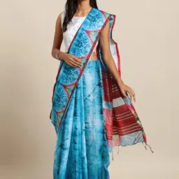 Vastranand Blue Printed Saree With Unstitched Blouse-image-33