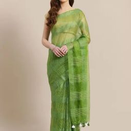 Kalakari India Green Linen Embroidered Saree With Unstitched Blouse-image-12