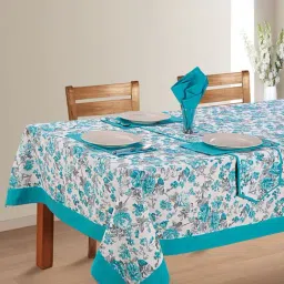 Swayam Cotton Casement Printed Design 4 Seater Table Cover - Set of 1 (Aqua & Grey)-7