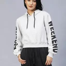 Rigo Ecru Melange Fleece Printed Hoodie-image-46