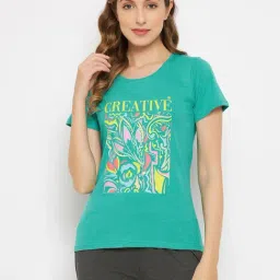 Clovia Green Printed Cotton T-Shirt-image-82