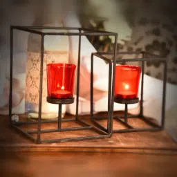 HOSLEY Black Iron Decorative Tealight Holders with Glass - Set of 2-image-84