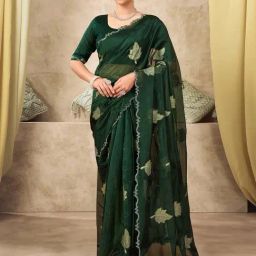 Satrani Green Silk Blend Woven Saree With Unstitched Blouse-picture-43