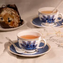 Golden Queens Blue Ceramic Floral Midnight Bloom Cup & Saucer with Spoon - Set of 18-image-64