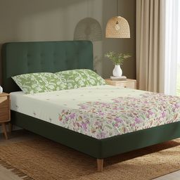 URBAN SPACE Green & Purple Floral 200 TC Single Bedsheet with 1 Pillow Covers-picture-40