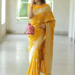Satrani Yellow Silk Woven Saree With Unstitched Blouse-image-10