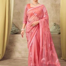 Satrani Peach Net Embroidered Saree With Unstitched Blouse-image-32