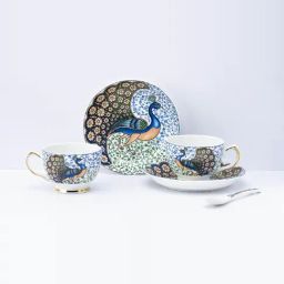 Golden Queens Multicolor Ceramic Nature Indian Peafowl Cup & Saucer - Set of 18-12