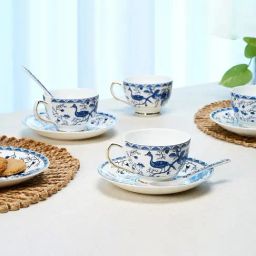 Golden Queens Blue & White Ceramic Floral Oriental Bloom Cup & Saucer with Spoon - Set of 18-43