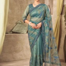 Satrani Blue Net Embroidered Saree With Unstitched Blouse-picture-39