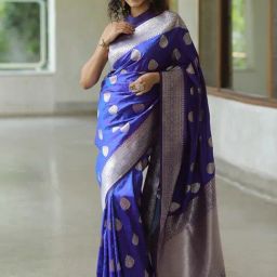 Satrani Blue Silk Woven Saree With Unstitched Blouse-image-12