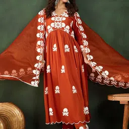 Sangria Orange-Coloured Floral Embroidered Empire A-Line Kurta With Trousers & Dupatta-39
