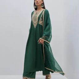 Vark by Westside Dark Green Embroidered Kurta, Palazzos & Dupatta Set-image-5