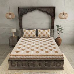 JaipurFabric Yellow Pure Cotton 240 TC Patch Work Print Double Bedsheet with 2 Pillow Covers-image-49