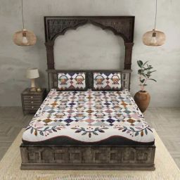 JaipurFabric Navy Blue Pure Cotton 240 TC Patch Work Print Double Bedsheet with 2 Pillow Covers-image-2
