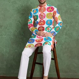ODETTE Men Multicolor Rayon Printed and Embroidered Stitched Kurta image 5