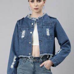 SHOWOFF Blue Regular Fit Crop Denim Jacket-image-30