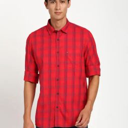 Turtle Red Cotton Slim Fit Chequered Shirt-image-20
