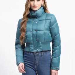 MADAME Teal Regular Fit Crop Puffer Jacket-picture-30