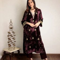 Spring Soul Wine Velvet A-Line Embroidered Kurta-image-37