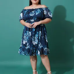 U&F Beyond Floral Print Off-Shoulder Ruffled Georgette Fit & Flare Dress-image-51