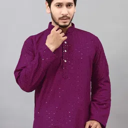 ALMORA Men Ethnic Motifs Embroidered Regular Sequinned Pure Cotton Kurta with Pyjamas-picture-7