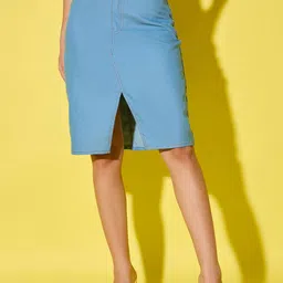 DIMPY GARMENTS Denim High-Waist Knee Length Skirt With Front Slit-image-33