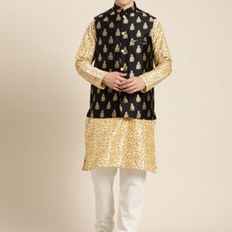 SOJANYA Men Beige & Gold Floral Straight Kurta Churidar Nehru Jacket-22