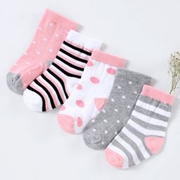 Cutewalk By Babyhug Anti Bacterial Ankle Length Non Terry Socks Striped Pack of 5 - Pink & Grey-image-100