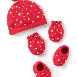 Babyhug 100% Cotton Knit Cap Mittens & Booties Set Star Print - Red-image-32