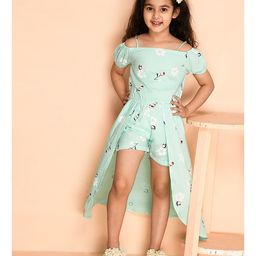 Kids Cave Half Cold Shoulder Sleeves All Over Flowers Printed High Low Mock Dress Style Jumpsuit - Light Green-image-59