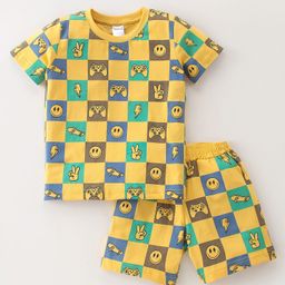 Taeko Single Jersey Knit Half Sleeves T-Shirt & Shorts With Emoji Print - Light Yellow-image-34