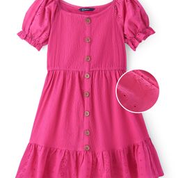 Pine Kids Cotton Woven Half Sleeves Frock with Schiffli Embroidery - Pink-image-40