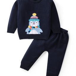 Babyhug Knitted Full Sleeves Sweater Set Penguin Design - Red & Navy Blue-image-14