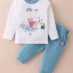 Mini Taurus Cotton Knit Full Sleeves T-Shirt  Pant Set with Sparrow Print - Blue-picture-29