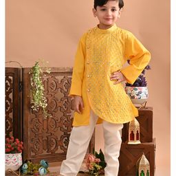 Superminis Full Sleeves Self Designed Embroidered Kurta & Pyjama Set - Yellow-image-13