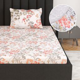 Divine Casa 144 TC 100% Cotton Floral Print Peach Super Soft Elastic Fitted Bedsheets Single Bed - 198 x 90 CM-12