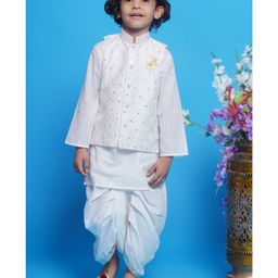 Little Bansi Cotton Full Sleeves Floral Embroidered Nehru Jacket With Foil Striped Kurta And Dhoti Set - Cream-image-4