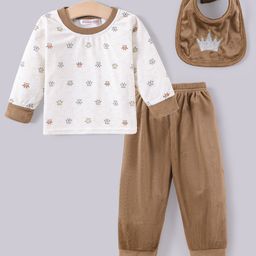 Kookie Kids Full Sleeves Winter Wear Suit with Bib Crown Print- White & Brown-picture-18