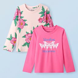 Honeyhap 100% Cotton Knit Full Sleeves Top With Floral & Butterfly Print Pack of 2 - Baby Pink & Dark Pink-image-31