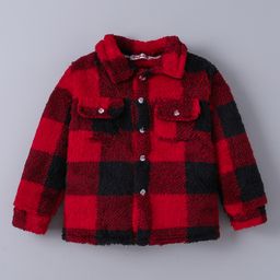 Kookie Kids Full Sleeves Collar Neck Checked Winter Fur Jacket with Pocket Detailing -Red & Black-image-97