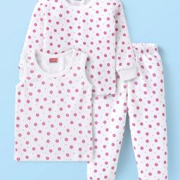 Babyhug Full Sleeves Vest Pullover & Bottom Thermal Wear Combo Floral Print Pack Of 3 - White-image-97