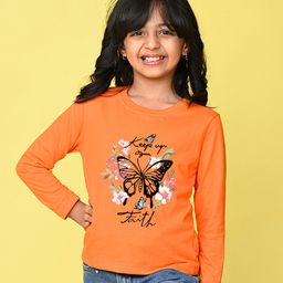 NUSYL Cotton Blend Full Sleeves Butterfly & Text Printed Tee - Orange-image-93