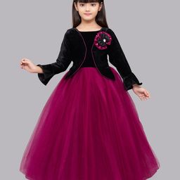 PinkChick Full Sleeves Net Gown With Bow Applique Detailed Jacket Set- Burgundy-image-49