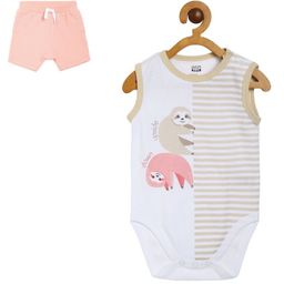 MINI KLUB Cotton Sleeveless Sloth Printed & Striped Onesie With Shorts - White & Peach-image-12