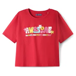 Pine Kids Cotton Knit Half Sleeves Drop Shoulder T-Shirt With Awesome Text Print - Red-picture-48