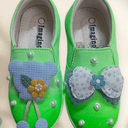 IMAGINO Bow Applique Detailed & Pearls Embellished Hand Painted Canvas Shoes - Green-image-96