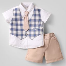 ToffyHouse Cotton Woven Half Sleeves Checkered Shirt & Shorts Set with Tie & Attached Waistcoat - Beige-image-28
