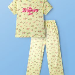 Pine Kids Cotton Knit Half Sleeves Co-ords Night Suit With Floral Print - Yellow-picture-28